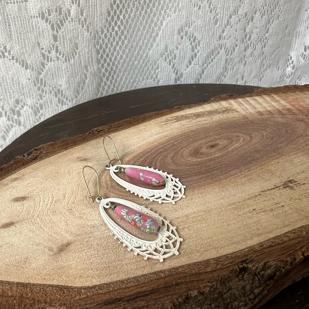 Vintage Hand-Painted Pink Floral Filigree Earrings - Picture 11 of 11